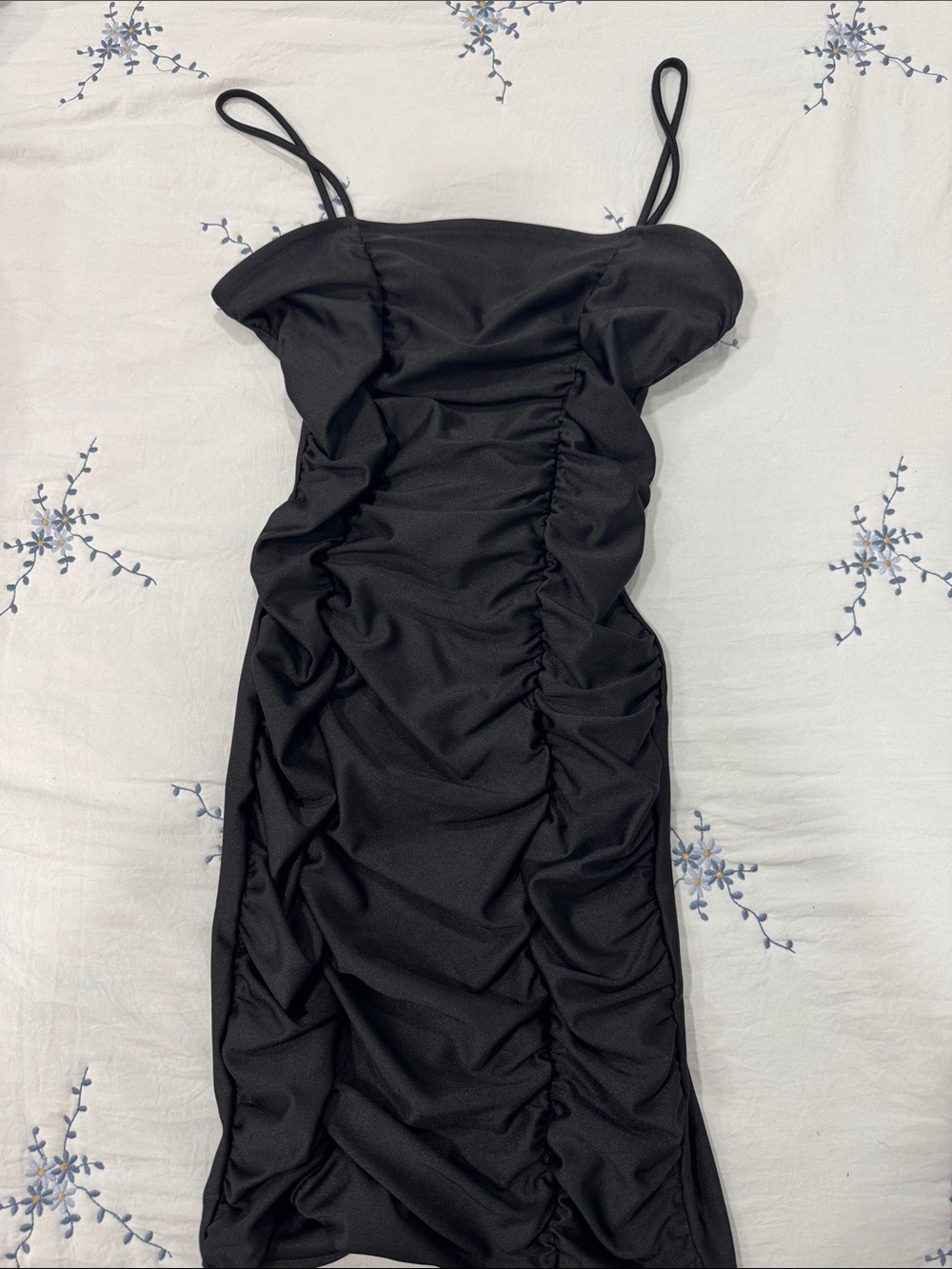 Black Ruched Spaghetti-Strap Midi Dress